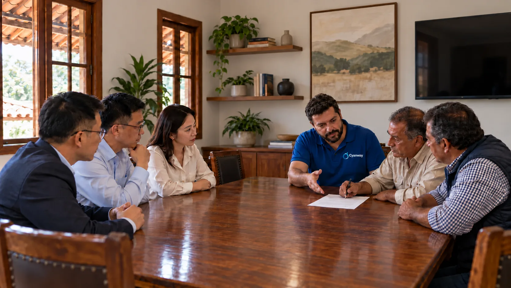 Cyanway representative mediating a meeting between Asian buyers and South American producers at a farmhouse table