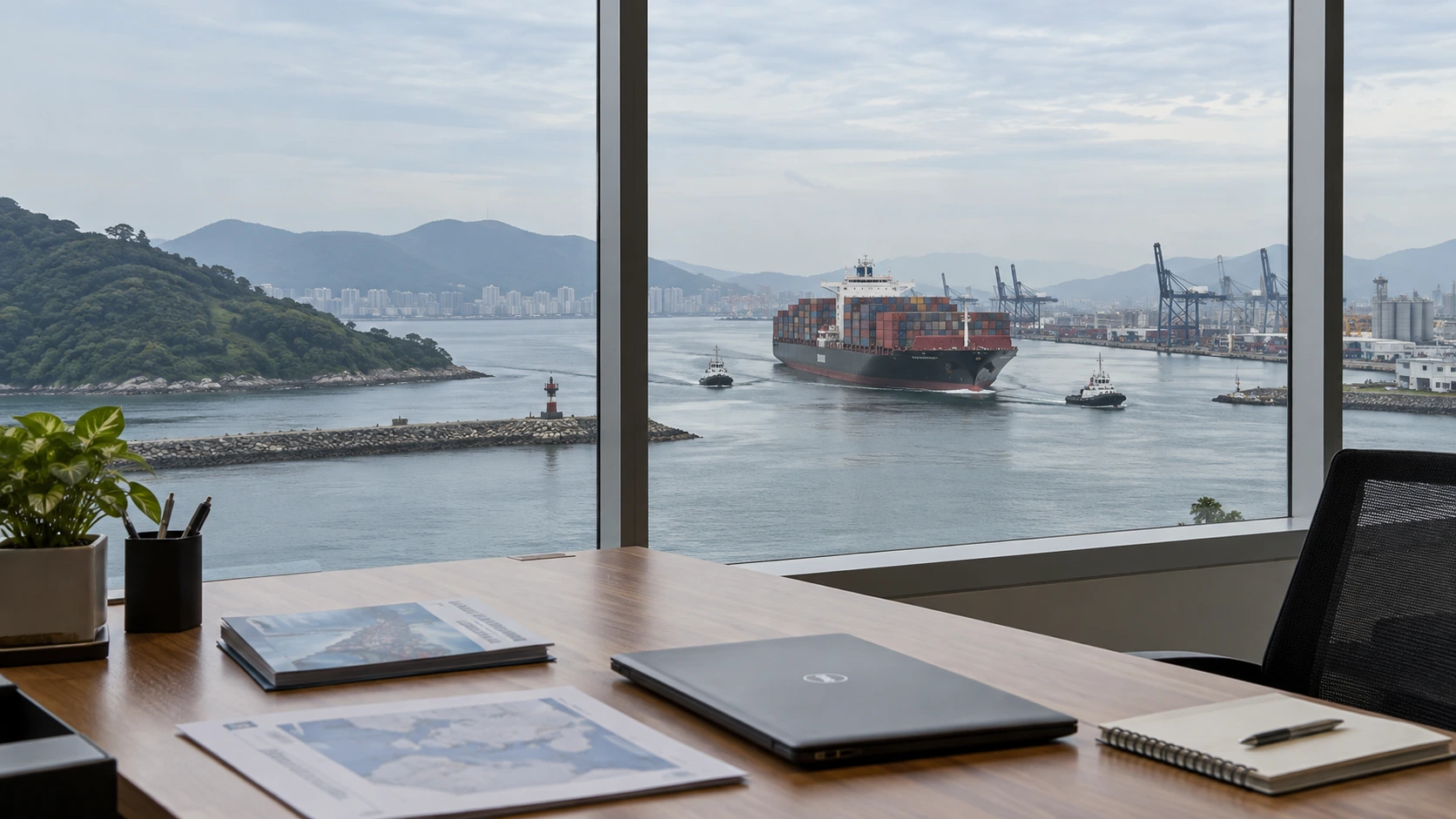 Office desk with laptop and maps overlooking a port with a container ship arriving