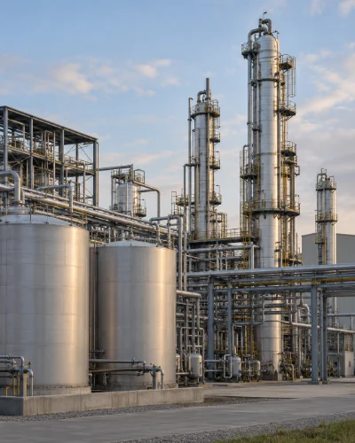 Ethanol distillation columns and storage tanks at an industrial plant