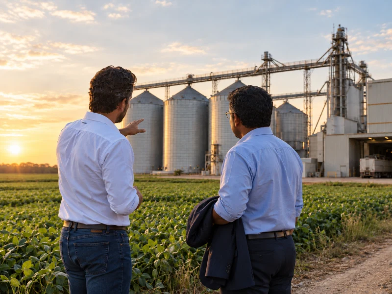 Commercial discussion at an agricultural export facility beside a soybean field