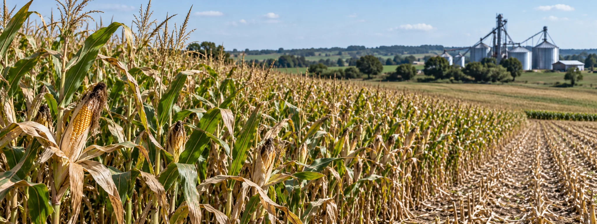 Mature corn field in Paraguay with grain silos in the background