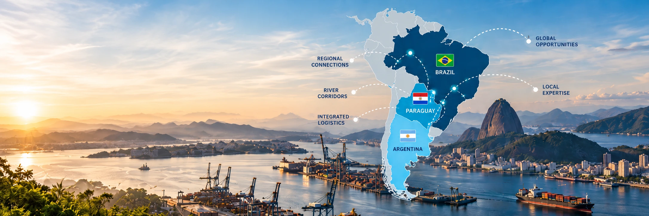 South America map highlighting Brazil, Paraguay and Argentina over a port bay with cranes and container ship