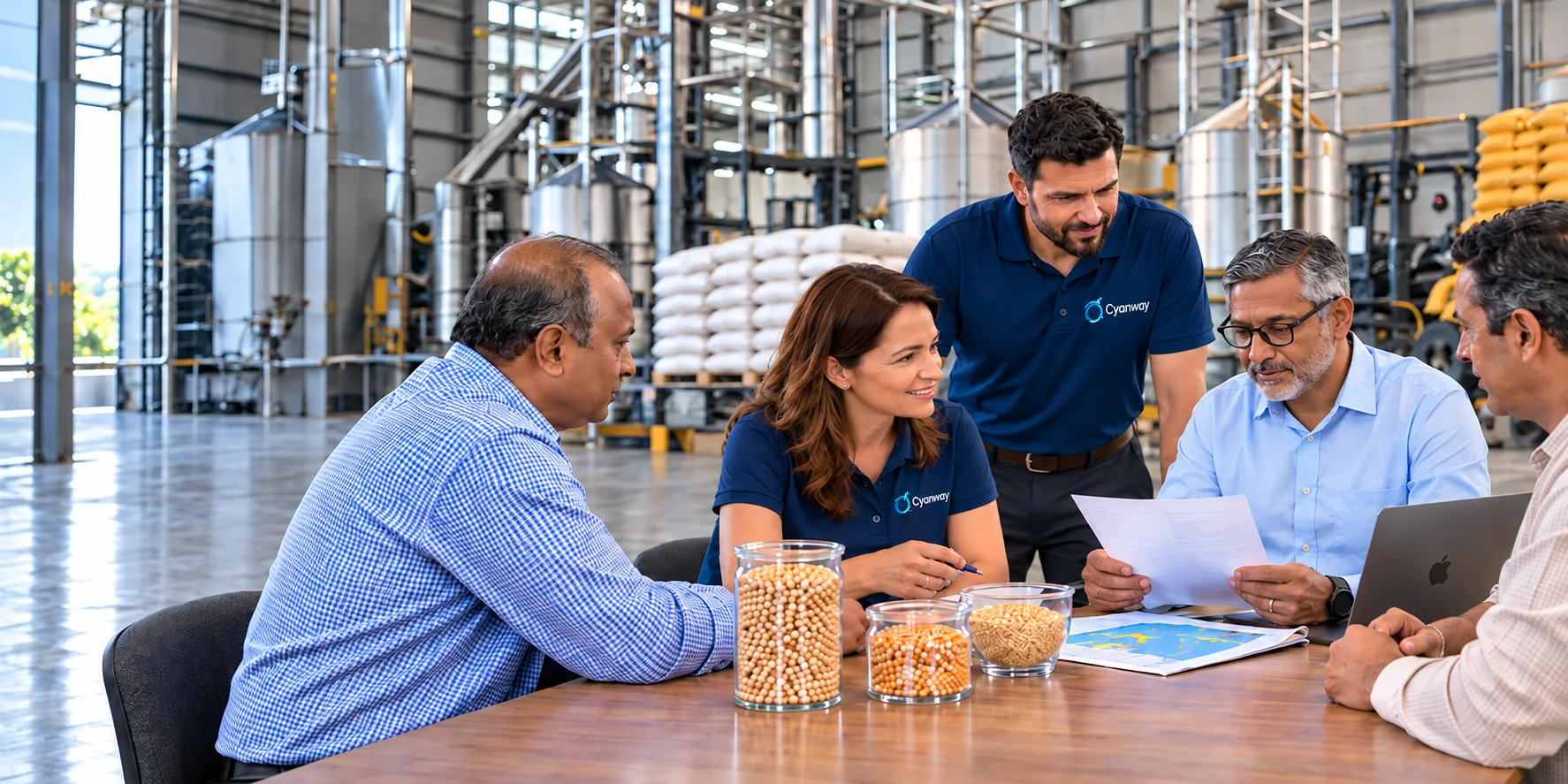 Cyanway team reviewing documents and grain samples with international buyers and a supplier at an agricultural processing warehouse