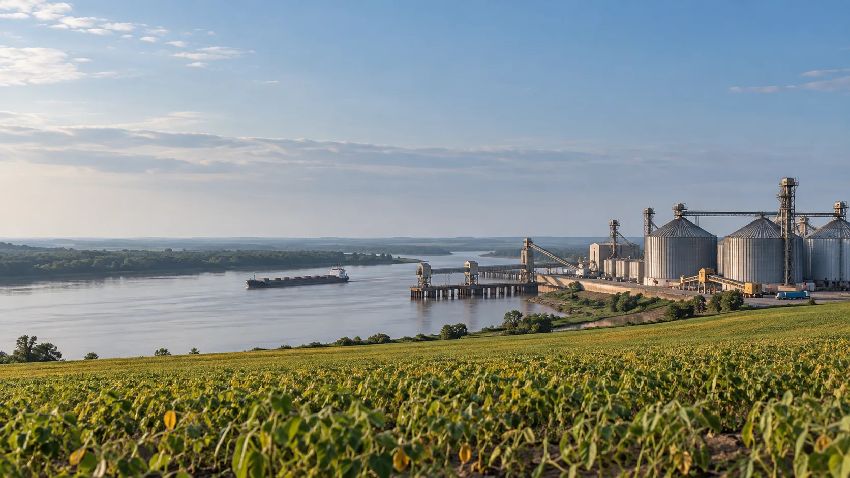 River port with grain silos and a loading pier beside a soybean field, with a cargo vessel on the river