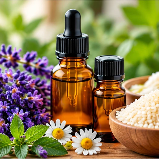 Essential oil bottles with lavender and herbs