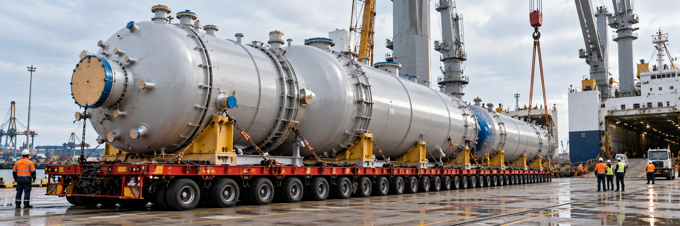 Heavy industrial pressure vessels on a multi-axle modular transporter at a port quay, with crews preparing them for loading – special sourcing projects