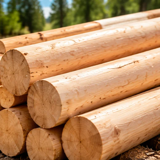 Stacked debarked logs ready for processing