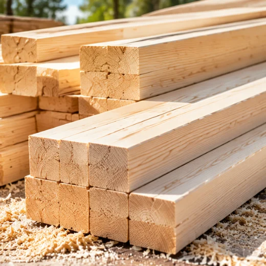 Stacked sawn timber beams at a sawmill