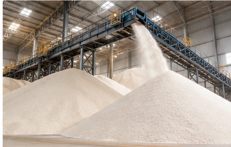 Bulk sugar piles under a conveyor in an export warehouse